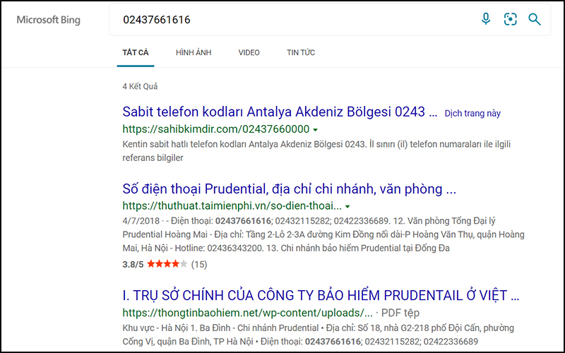 Tra cứu số điện thoại bàn trên Bing